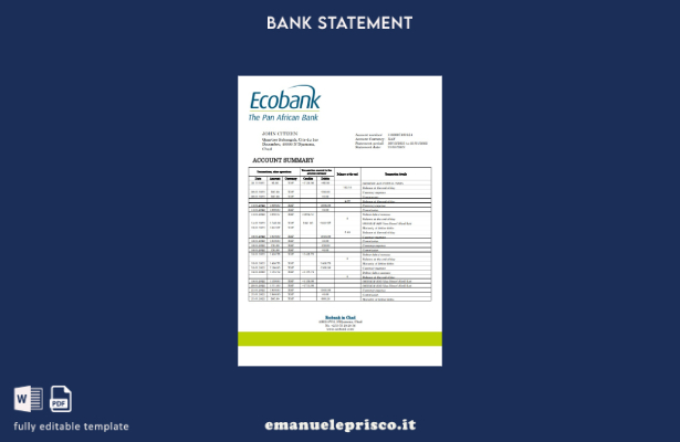modello word di estratto conto bancario Chad Ecobank in stile verificato